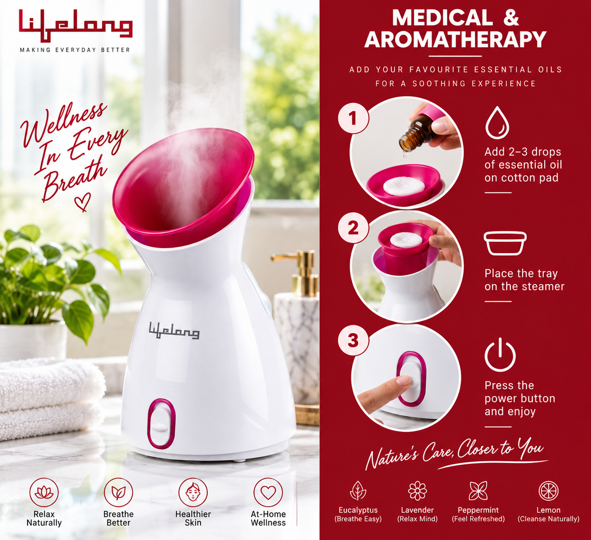 Lifelong Facial Steamer – 3-in-1 Nano Ionic Steam Facial Vaporizer with Adjustable Steam Control, 100ml Water Tank & Aromatherapy Tray