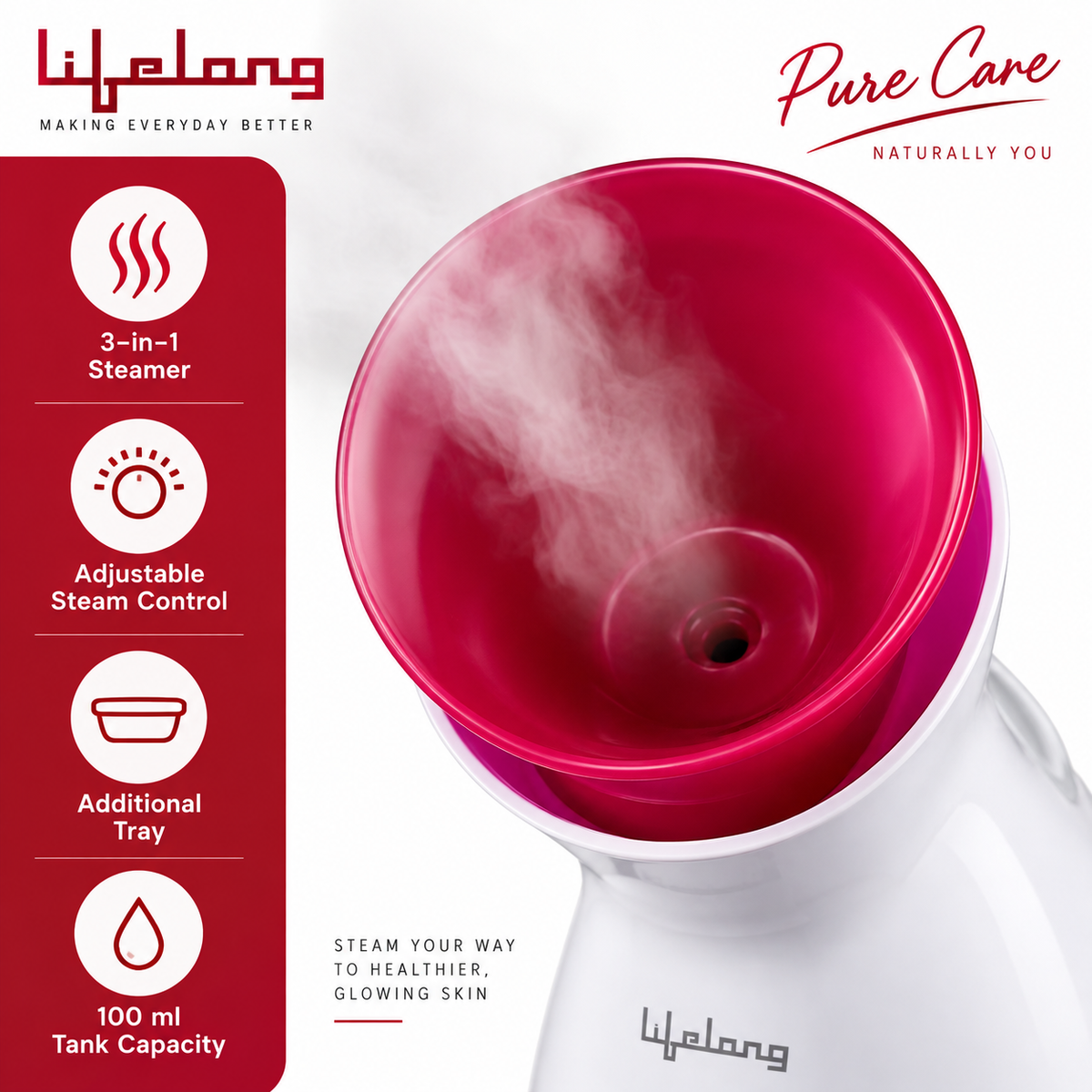 Lifelong Facial Steamer – 3-in-1 Nano Ionic Steam Facial Vaporizer with Adjustable Steam Control, 100ml Water Tank & Aromatherapy Tray